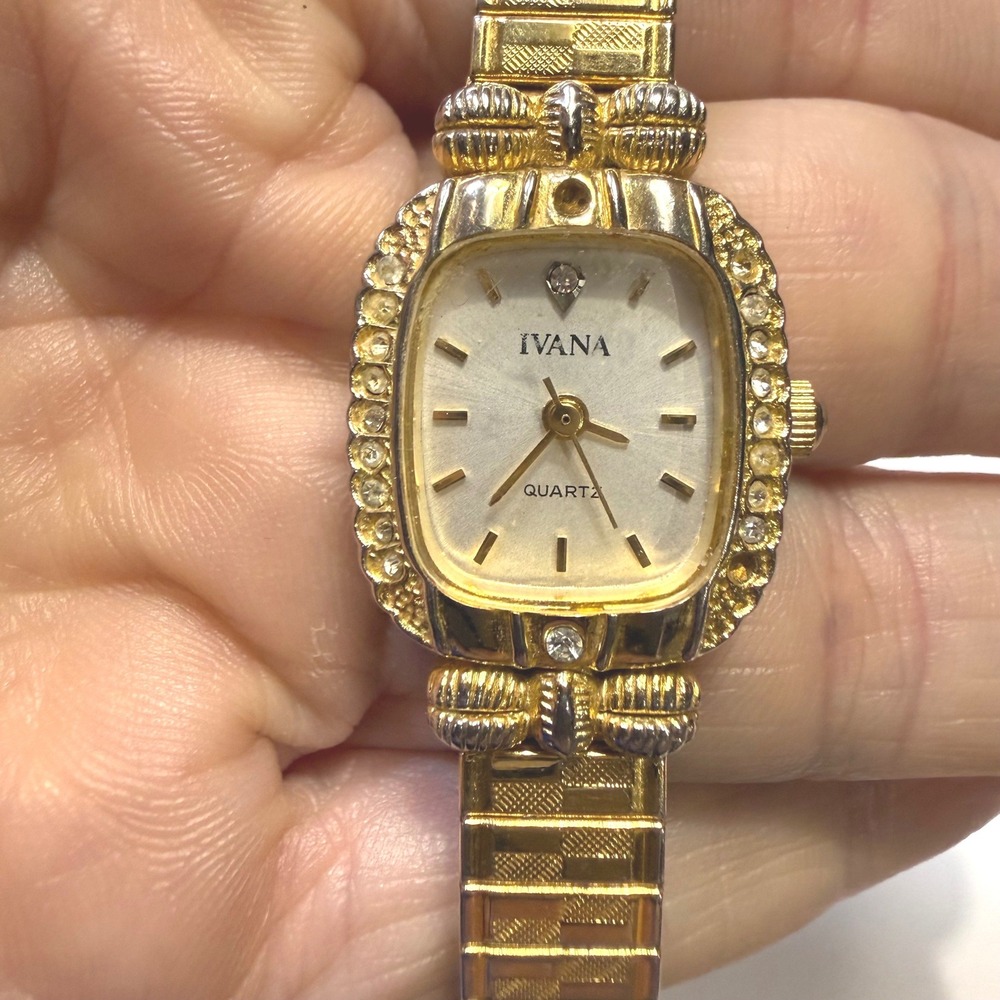 Ivana Womens Gold Tone Expansion Band Watch Crystal Bezel Japan Movt Works